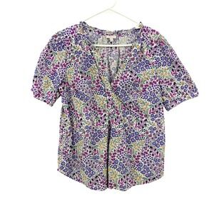 Talbots Womens Floral  Neck Short Sleeve Blouse Top Large Bloom Feminine Garden